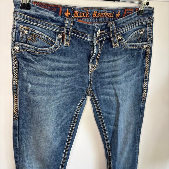 Rock Revival Anja Boot Embroidered Jeans 28 Low Rise Thick Stitch Y2K 2000s - Picture 5 of 9